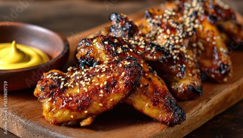 Grilled chicken wings with sesame seeds, served on a wooden board with a mustard dipping sauce