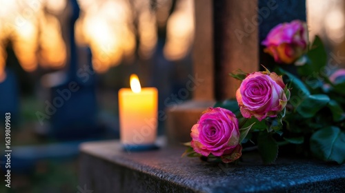 Fototapeta Naklejka Na Ścianę i Meble -  A serene sunset view over a cemetery with glowing candlelight and pink roses adorning a gravestone