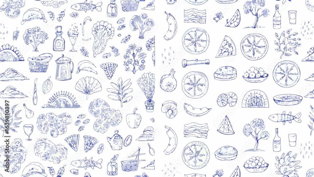 Obraz premium Seamless pattern with hand drawn food illustrations including fruits vegetables seafood and kitchen utensils silhouette