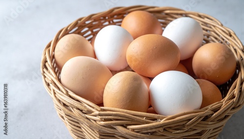 Wallpaper Mural A rustic woven basket filled with a variety of fresh, speckled eggs in shades of brown and white, resting on a weathered wooden table. Torontodigital.ca