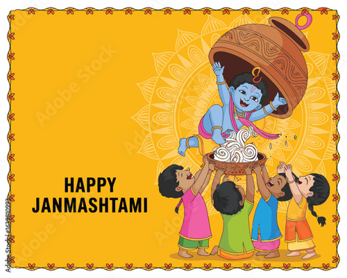 Happy Janmashtami illustration of child Krishna lifting butter pot surrounded by children in traditional attire with yellow festive background