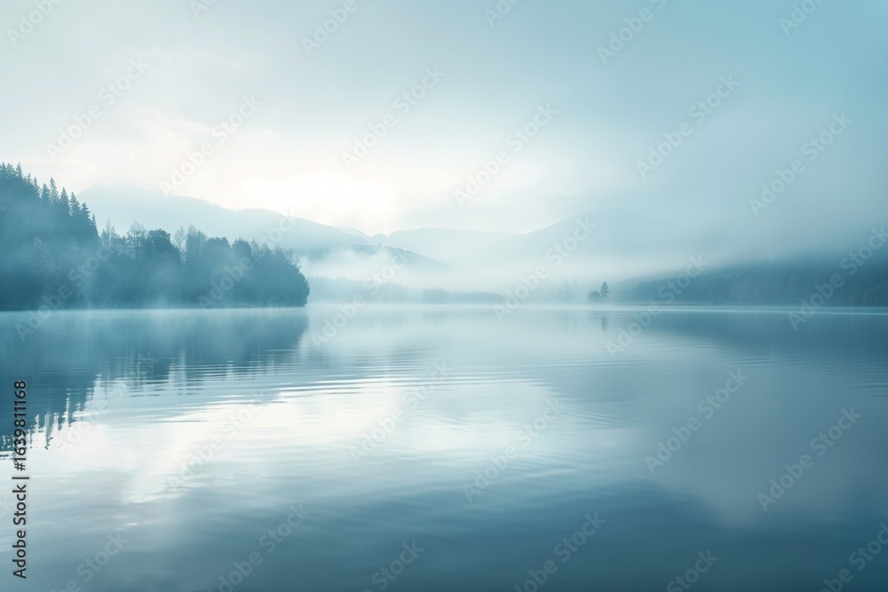 Fototapeta premium Serene lake with morning mist and soft light, peaceful zen landscape.