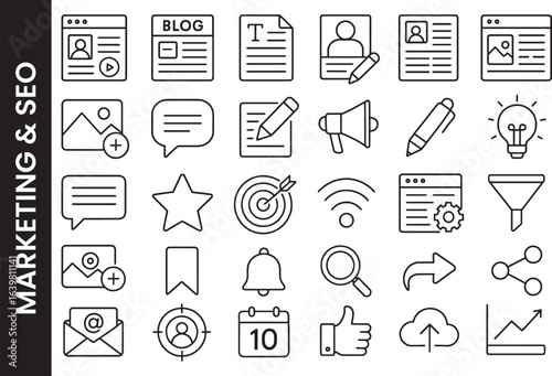 Blogging & Content Creation Line Icon Set. Digital Marketing & SEO Symbols.