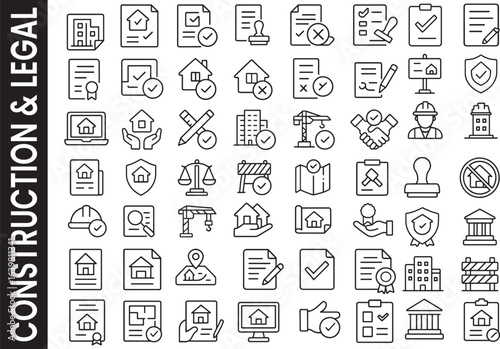 Building Permit & Property Compliance Line Icon Set. Construction & Legal Symbols.