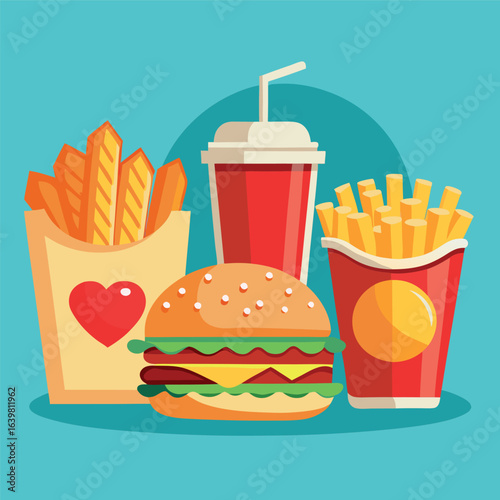 Illustrate a set of realistic fast-food icons—burger, fries, soda, pizza slice—with appealing shading and vibrant colors for menus or food apps.