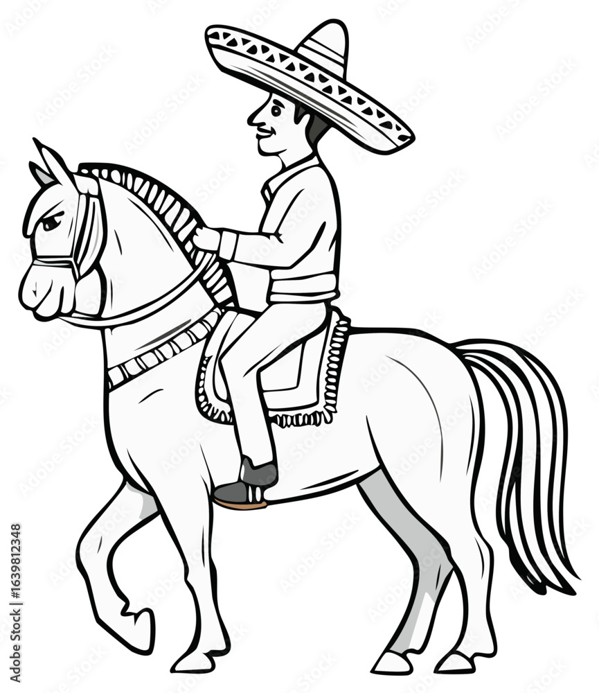 Fototapeta premium Outlined illustration of a man riding a horse wearing a sombrero