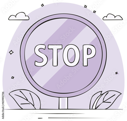 Stylized Stop Sign Illustration with Clouds and Leafy Accents