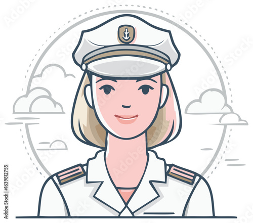 Female captain portrait wearing white uniform and cap with anchor emblem and epaulets surrounded by stylized clouds