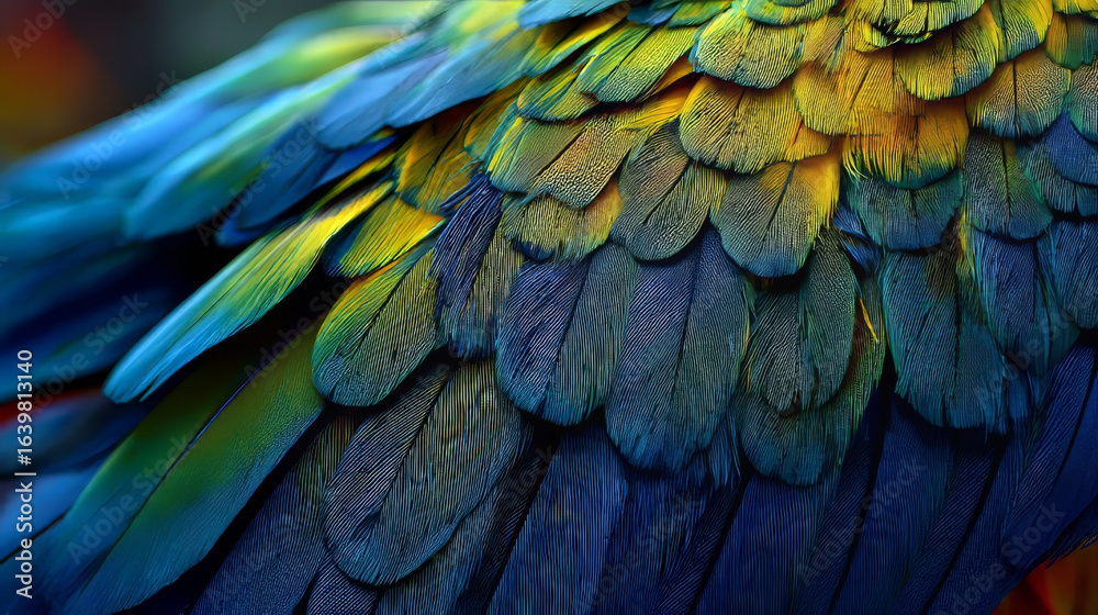 Obraz premium Close-up of vibrant blue, yellow, and green macaw feathers with intricate patterns