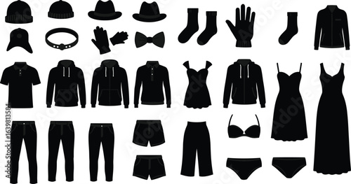 Clothing silhouette collection, fashion accessories set, black outfit icons, apparel design elements, wardrobe planning graphic, stylish garment illustration, vector fashion items