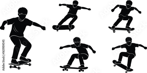 Boy Riding Skateboard Silhouette Icon Vector Set - Urban Sport and Street Activity