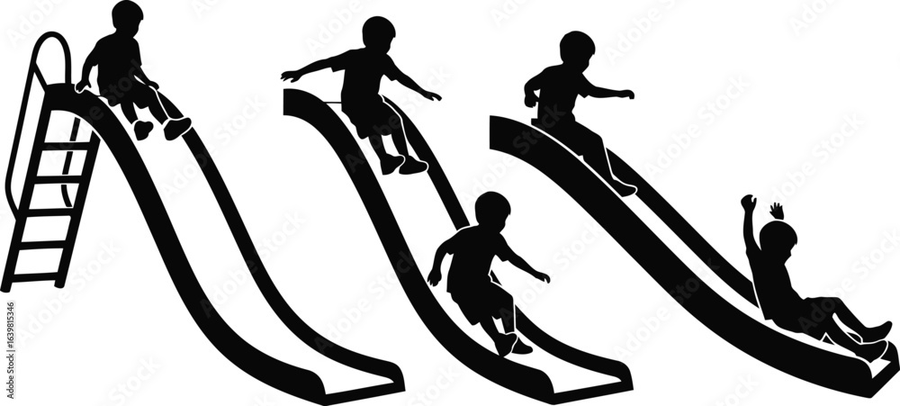 Obraz premium Boy Sliding Down Playground Slide Silhouette Icon Vector Set - Childhood Recreation and Fun