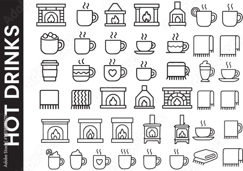 Cozy Winter & Hygge Line Icon Set. Fireplace, Hot Drinks & Blanket Symbols.