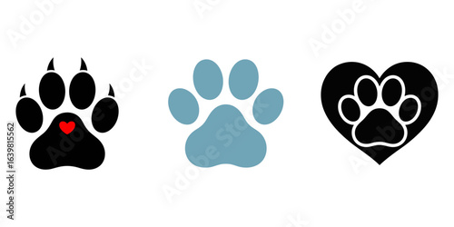 Pet paw editable stroke. footprints Pet paw, Heart with pet paw print dog cat icon, vector illustration, Paw icon set. Cat or dog paw icon silhouette vector illustration. Paw icon outline print