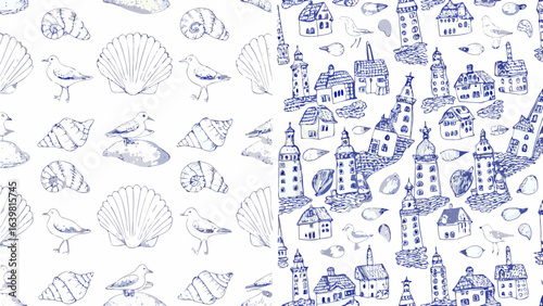 Seamless pattern featuring seashells, seagulls, houses, and lighthouses in a nautical theme design style silhouette