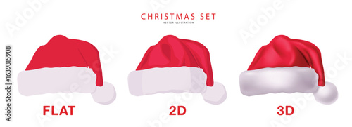 Santa hat vector design. Santa hat in flat, 2d and 3d design Christmas element collection isolated in white background for Xmas costume decoration. Vector illustration. 