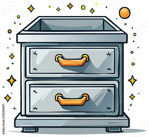Retro two drawer metal filing cabinet with shiny handles and sparkling stars
