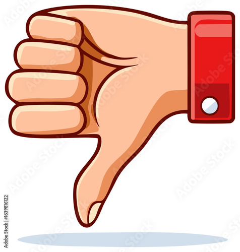 Cartoon hand showing thumbs down gesture symbolizing disapproval rejection or negative feedback with a red sleeve