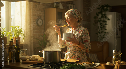 young woman in the kitchen, gas stove in kitchen, Close-up of silver frying pan on black stovetop in modern kitchen. Empty pan sits on stove near pot with food