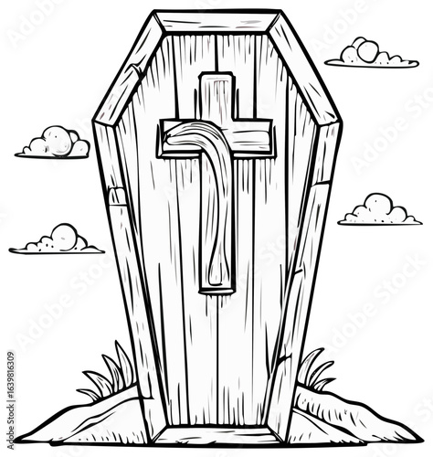 Monochrome Illustration of Coffin with Cross in Cemetery Sky Backdrop