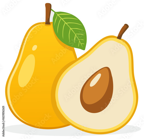 Cartoon illustration of a ripe pear with one half cut open to show the seed