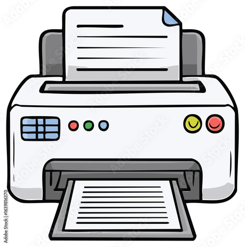 Cartoon illustration of an office printer machine printing a document