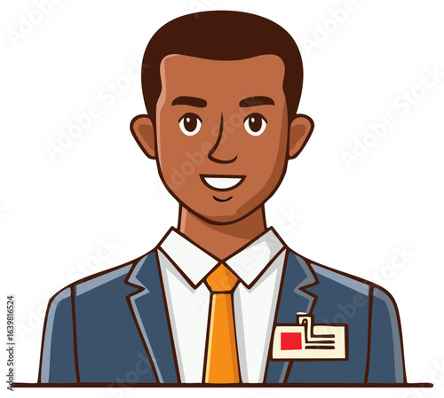 Smiling man with an ID badge, wearing a blue suit and an orange tie