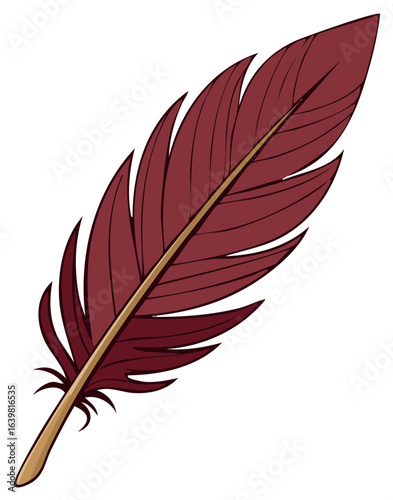 Single Maroon Feather with a Natural Golden Quill Accent Isolated on White