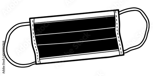Illustration of a black and white face mask with ear loops and three horizontal stripes design style on transparent background