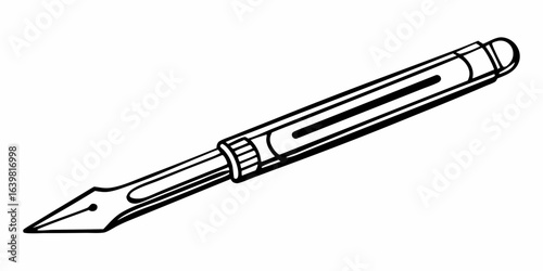Illustration of a fountain pen with a visible nib and body in a black and white outline style on transparent background
