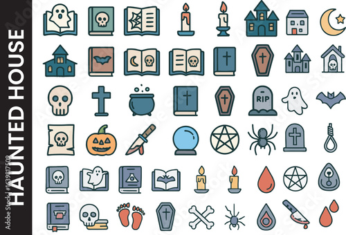 Haunted House & Witchcraft Icon Set. Spooky, Occult & Supernatural Symbols.