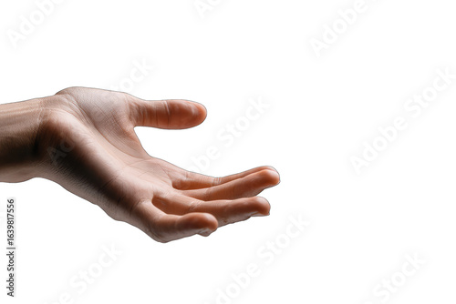 Close-up of a light-skinned human hand outstretched, palm facing forward, against a black background