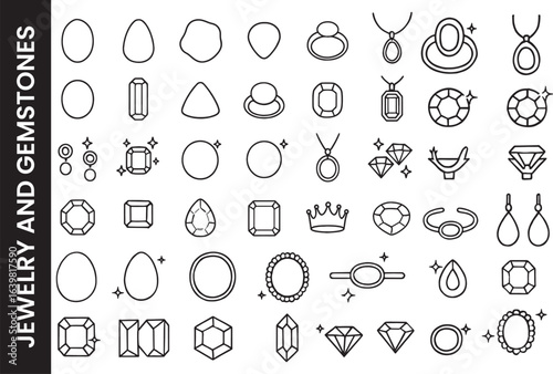 Jewelry and Gemstone Line Icon Set. Diamond, Ring & Precious Stone Symbols.