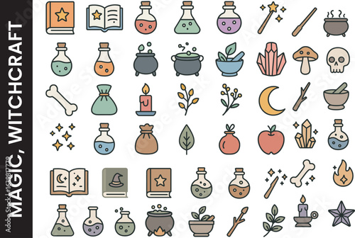 Magic, Witchcraft & Alchemy Icon Set. Fantasy, Wizard & Potion Making Symbols.