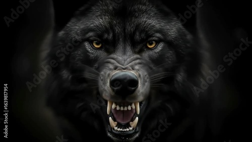 A powerful black wolf with piercing yellow eyes snarls intensely, showcasing its formidable fangs against a dark, mysterious background.
