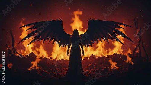 A powerful winged figure stands silhouetted against a raging inferno, symbolizing destruction and otherworldly presence.