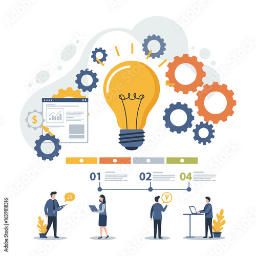 An illustration of the innovation process on a timeline, with people working together to achieve a goal.