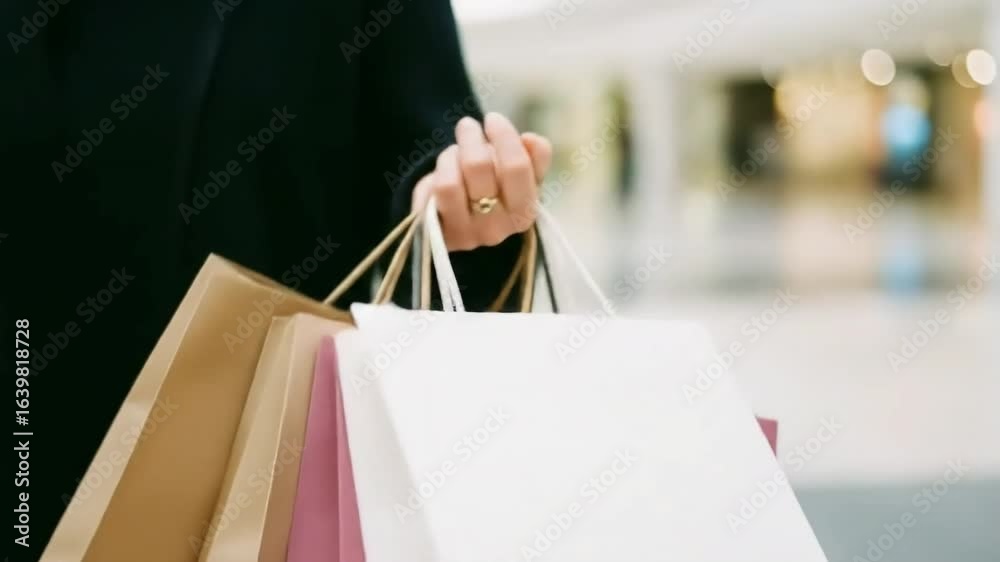 A shopper's hand elegantly holds a collection of diverse bags, highlighting the joy of a successful retail outing. A shopper's hand elegantly holds a collection of diverse bags, highlighting the joy of a successful retail outing.