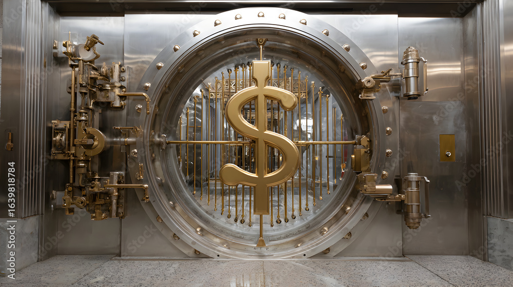Fototapeta premium A large bank vault door with a golden dollar sign in the center of the circular opening and metal bars