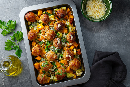 Meatballs on a vegetable bed of pumpkin and zucchini on a baking sheet and gray background, copy space for text