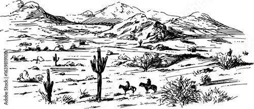 abstract design of American wild west desert with cowboys - hand drawn Black illustration. Ilustraciones del viejo oeste. PNG.JPG. VEKTOR