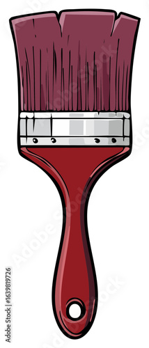 A single detailed red handled paintbrush with purple bristles for painting and decorating