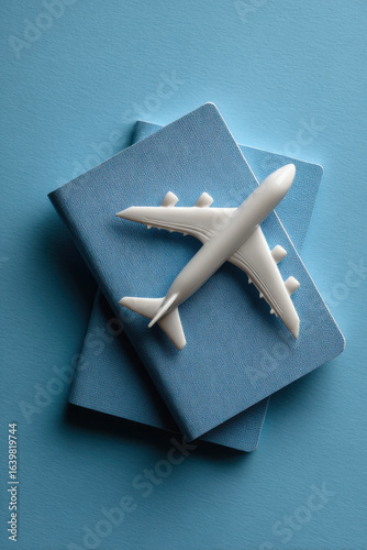 Small airplane model on blue travel documents over blue background, symbolizing travel and exploration