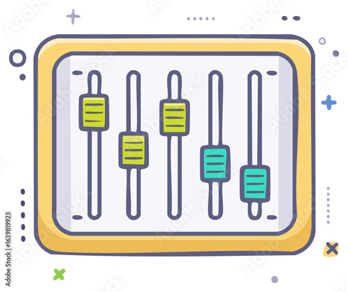 Cartoon illustration of a sound mixer with sliders for audio adjustment.