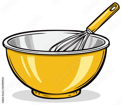 Yellow Mixing Bowl with Whisk Illustration: Culinary Preparation Tool for Recipes