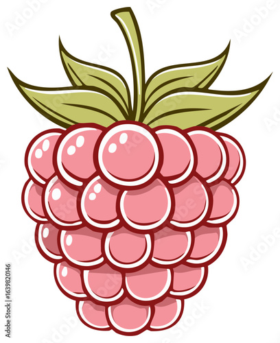 A single pink raspberry with green leaves, cartoon style vector illustration.