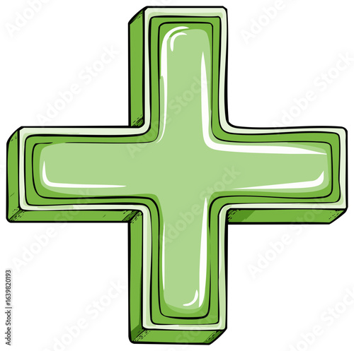 Green Plus Sign with 3D Outline and Highlighted Details
