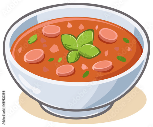Hearty bowl of tomato soup with sausage slices and fresh basil topping