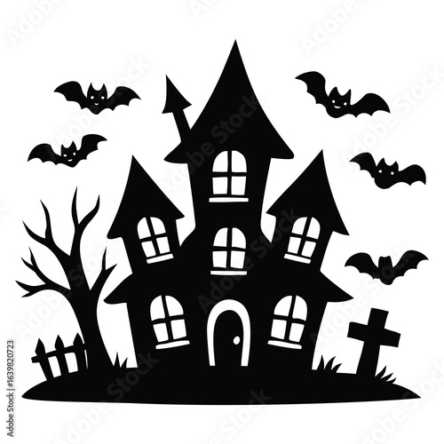 Haunted house silhouette with bats, spooky tree, graveyard, creepy building, Halloween night scene, scary illustration, black castle, horror background, eerie ghostly design, festive decoration.