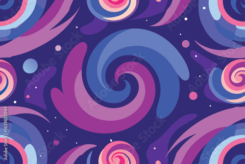 Retro vector seamless pattern with pink geometric circles, swirls, and flowers, perfect for a decorative fabric or wallpaper design